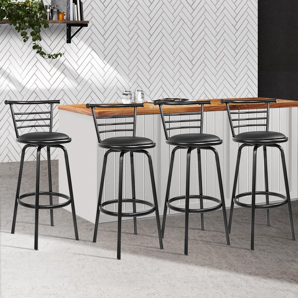 Artiss Set of 4 PU Leather Bar Stools in black with steel base, featuring a 360-degree swivel seat and curved backrest.